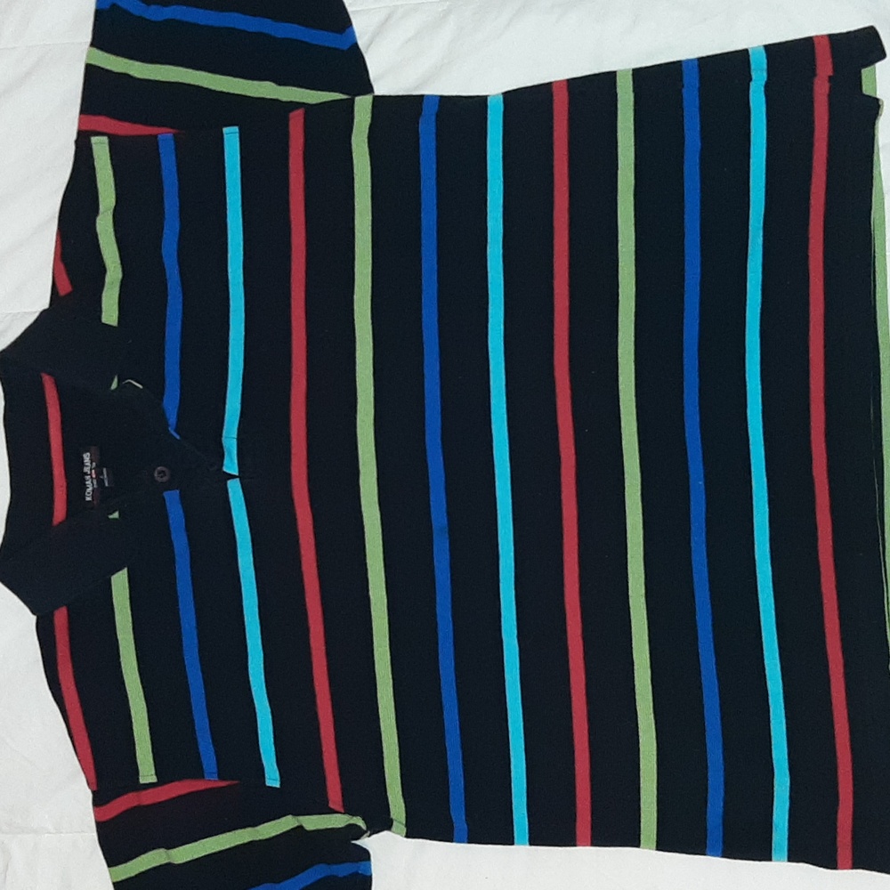 Multi-colored striped Men's Polo. Size L. Slight fading from wear